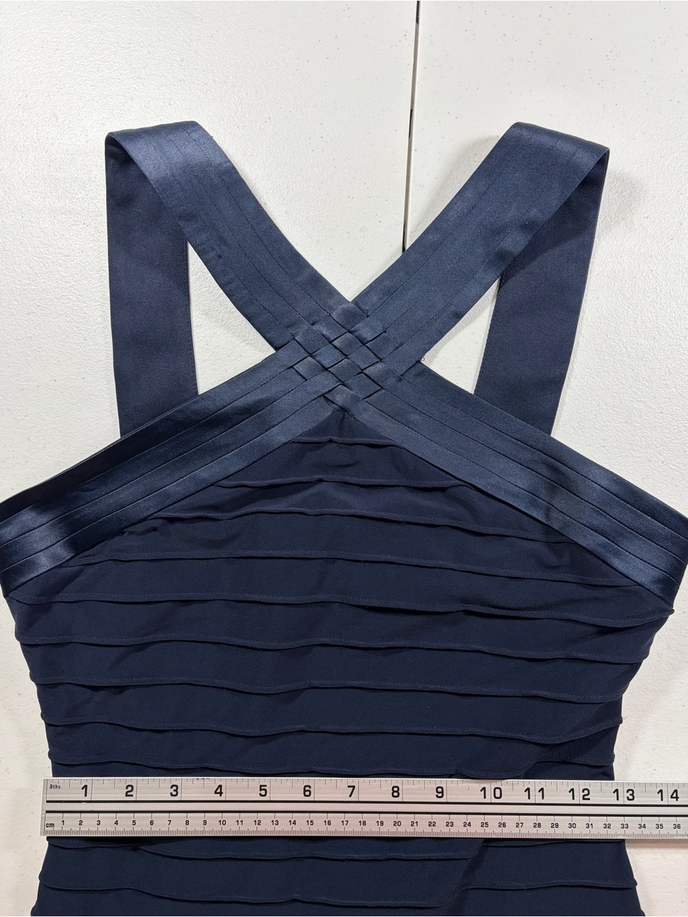 WHBM Navy Cross-Front Bodycon Midi Dress (2) - Picture 4 of 9